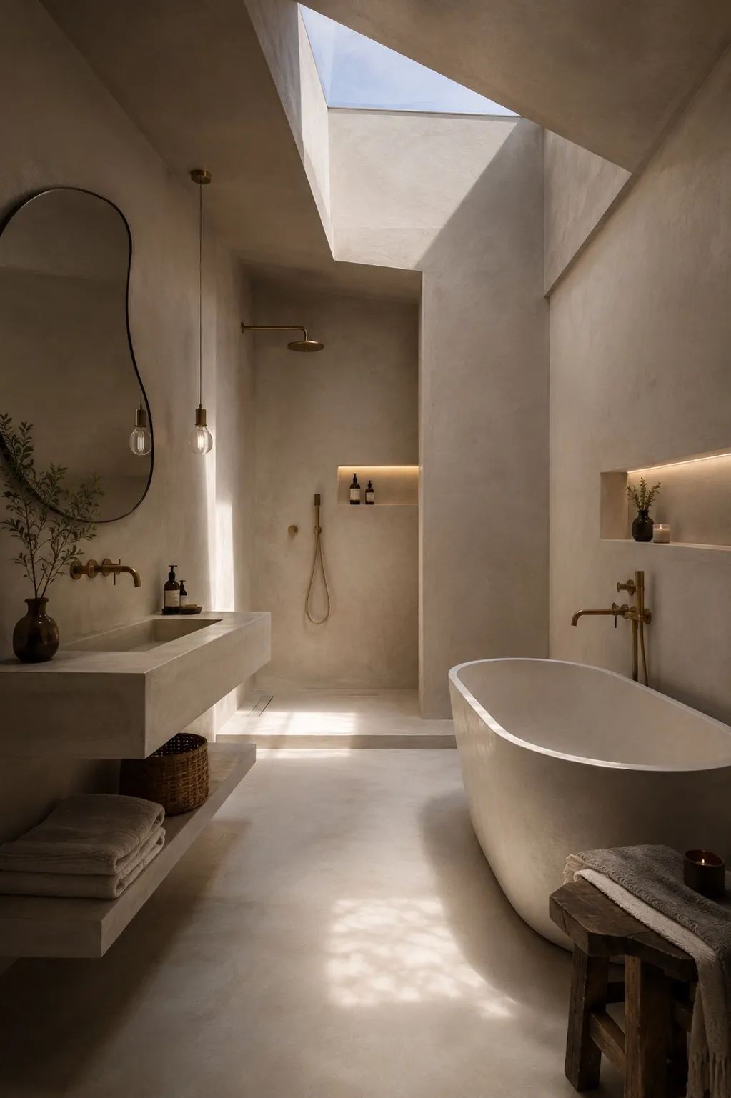 Bathroom built around a cast monolithic vanity and floating shelf in mineral plaster, with brass fittings and a skylight washing the walls.