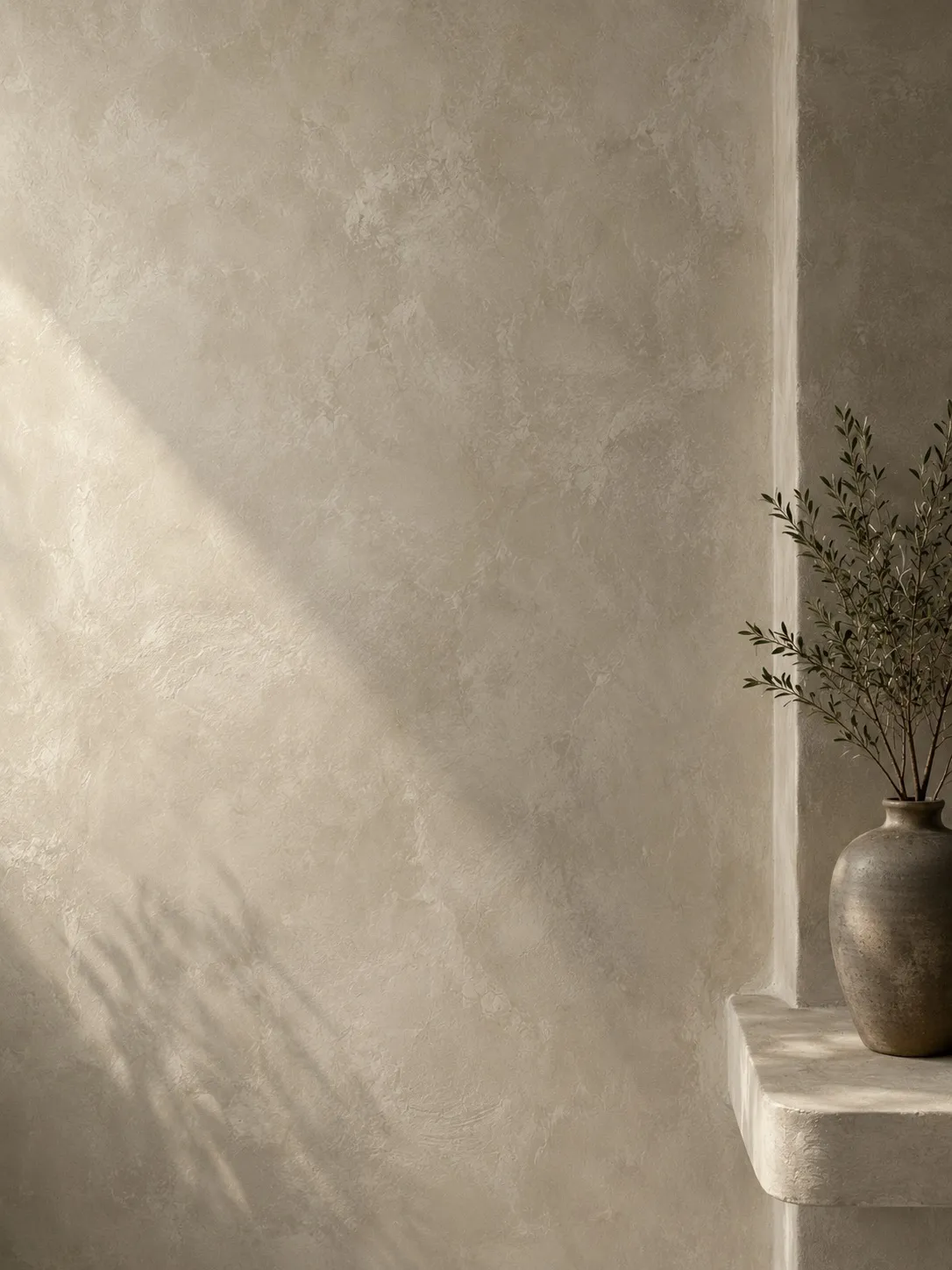 Limewashed wall in a soft sand tone, raking daylight revealing the cloudy brush movement, with an olive branch in an earthenware jar on a plastered ledge.